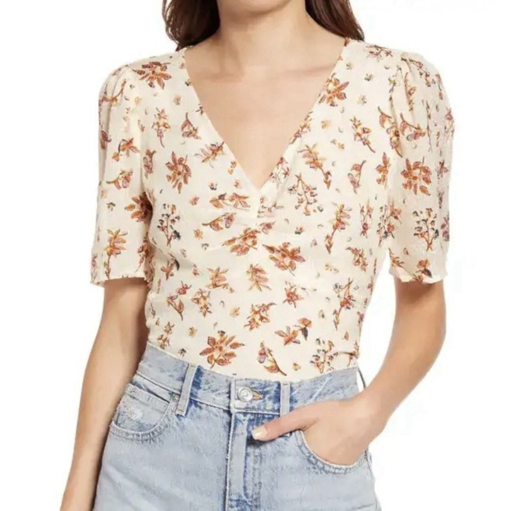 Madewell Silk Ruched Front Vneck Women's 0 Floral Bohemian - Picture 2 of 9